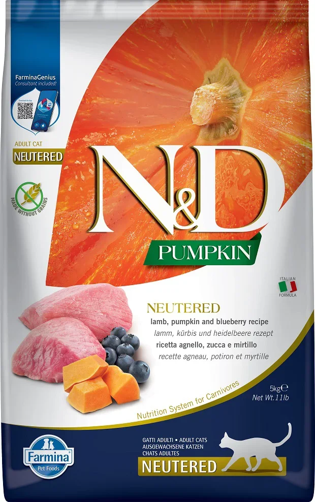 FARMINA N&D PUMPKIN GECASTREERDE KAT LAM & BOSBES ADULT 5KG